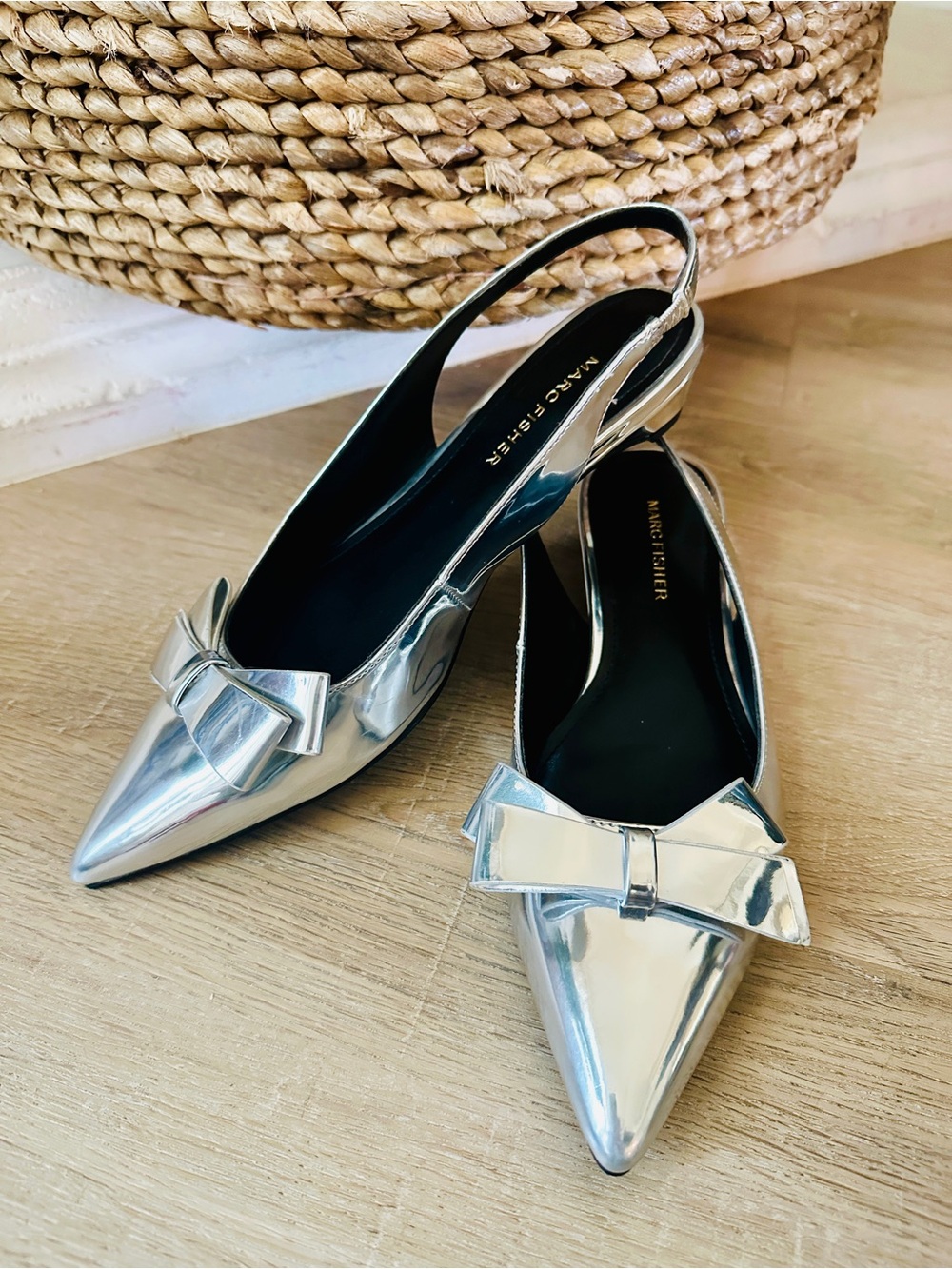 Marc Fisher Silver Pointed Slingback Bow Flats